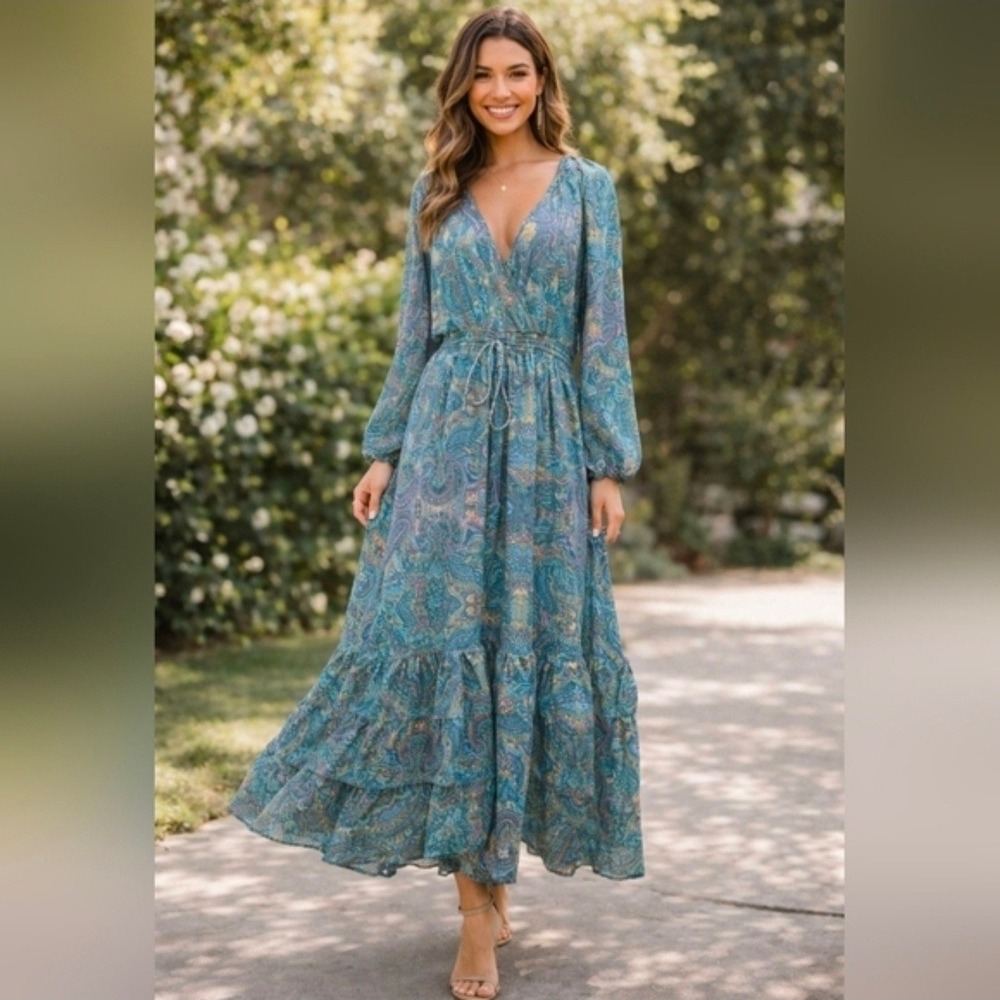 Boemo Anthropologie Teal Paisley Smocked Waist Tiered Maxi Dress XLP Boho